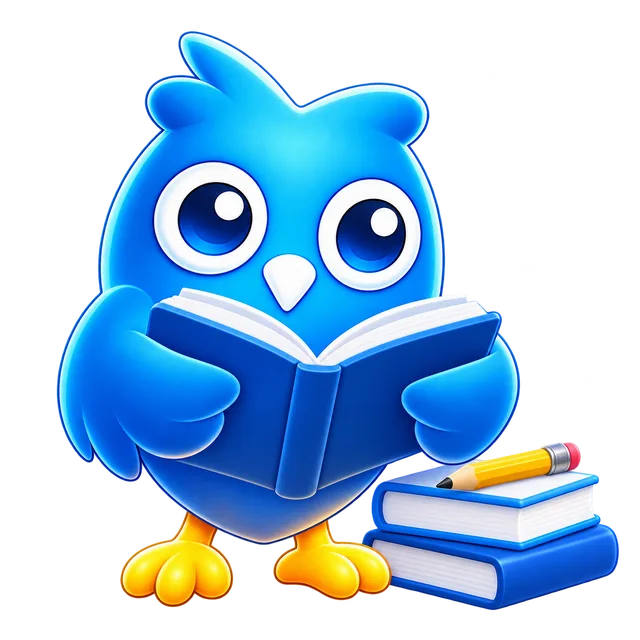 El búho de EduGes leyendo un libro con materiales de aprendizaje.
