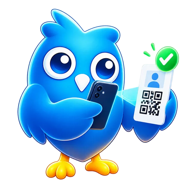 El búho de EduGes escaneando con su teléfono un carné de asistencia QR.