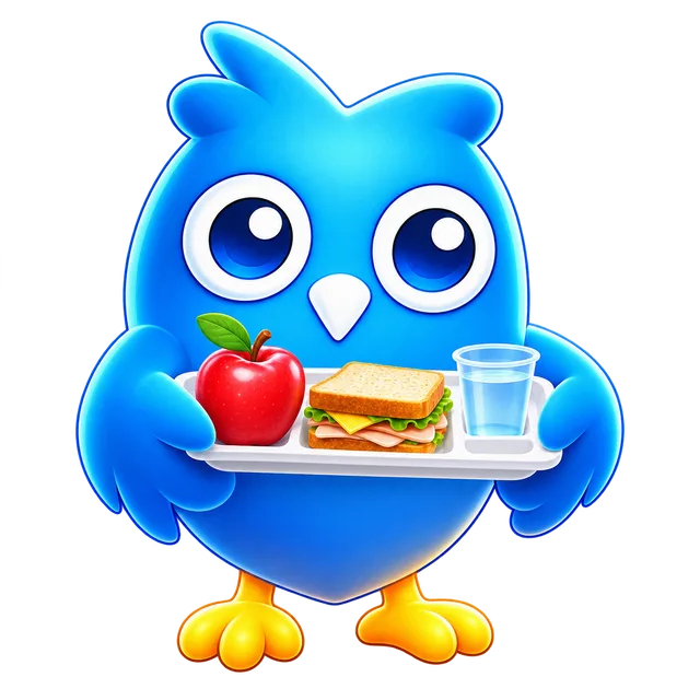 El búho de EduGes sirviendo una bandeja de alimentos en la cafetería.