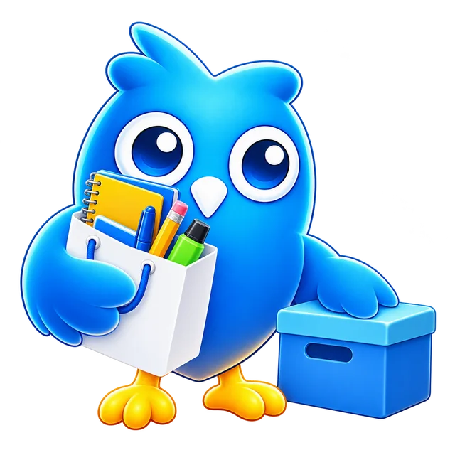 El búho de EduGes preparando útiles y materiales en la tienda escolar.