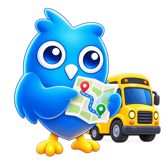 El búho de EduGes coordinando una ruta junto a un bus escolar.